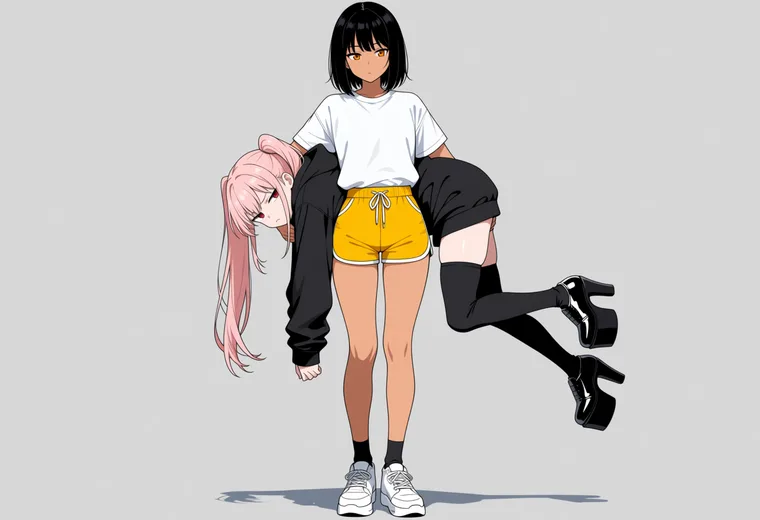 脇に抱えて運ぶの2人ポーズのAIイラスト作例
