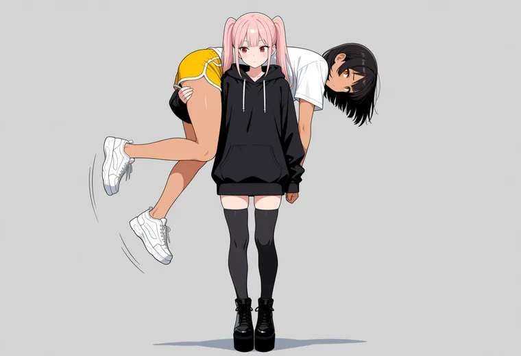 肩に担ぐの2人ポーズのAIイラスト作例