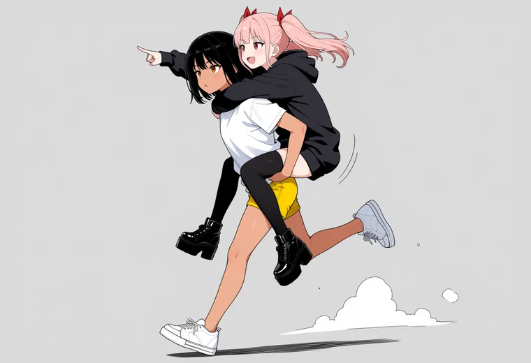 おんぶして走るの2人ポーズのAIイラスト作例
