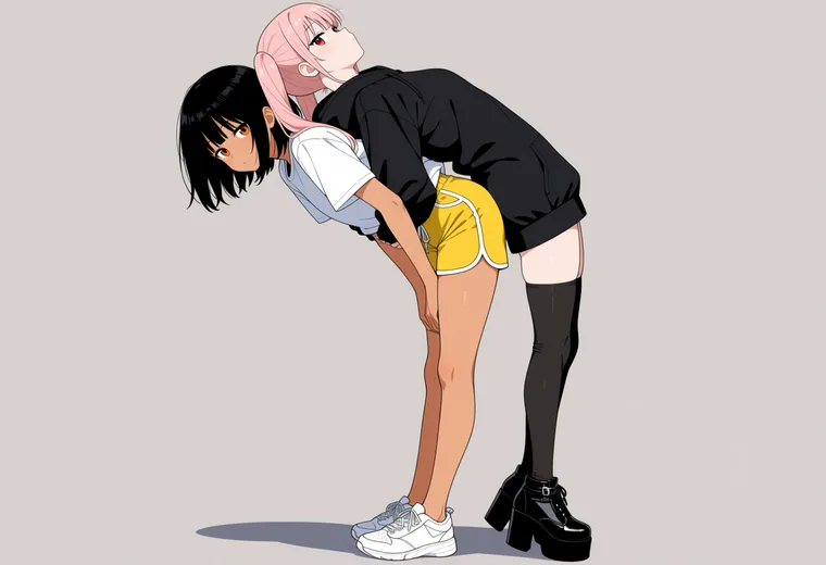 背中合わせで持ち上げるの2人ポーズのAIイラスト作例