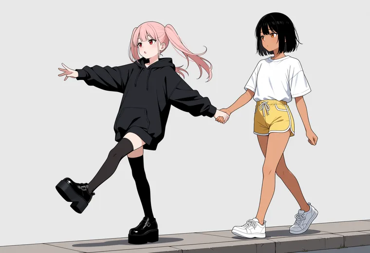 段差の上を歩くのを手を取って支えるの2人ポーズのAIイラスト作例