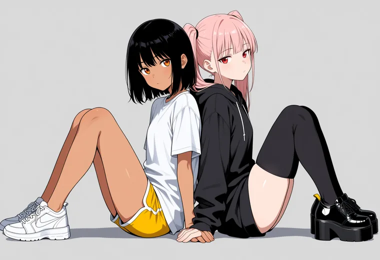 背中合わせに座って支え合うの2人ポーズのAIイラスト作例