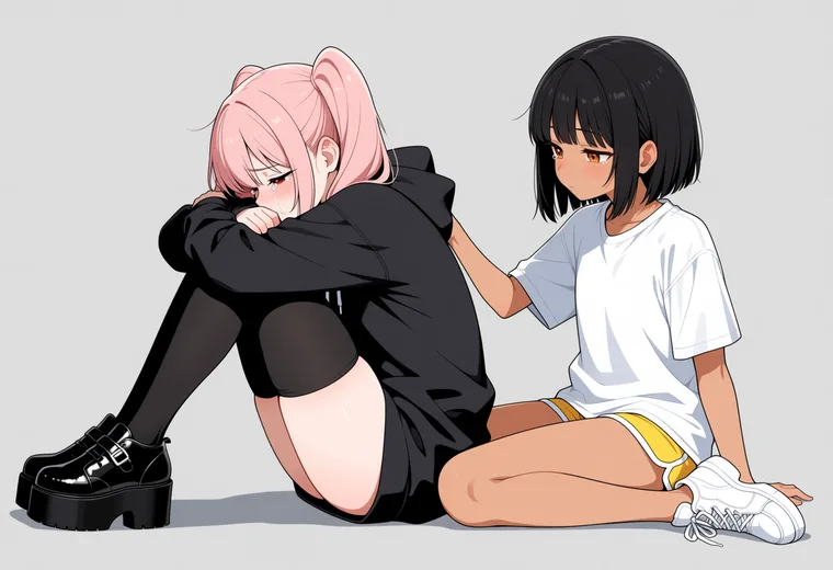 泣いている相手の背中をさするの2人ポーズのAIイラスト作例