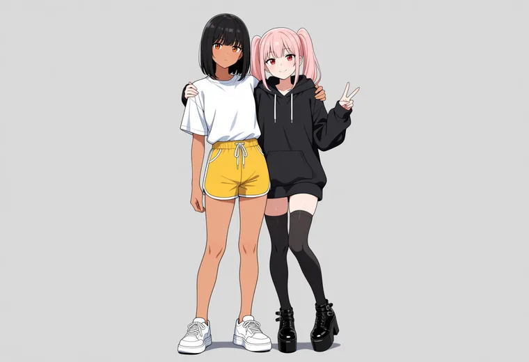 片腕で肩を抱き寄せるの2人ポーズのAIイラスト作例