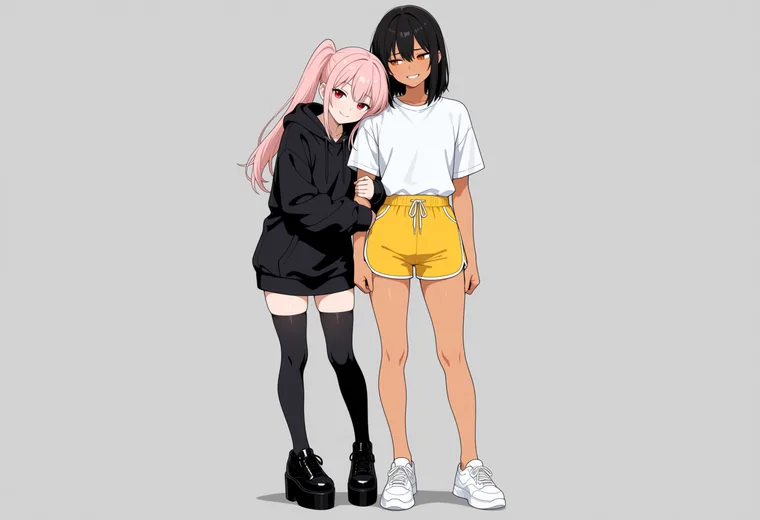 腕にしがみつくの2人ポーズのAIイラスト作例