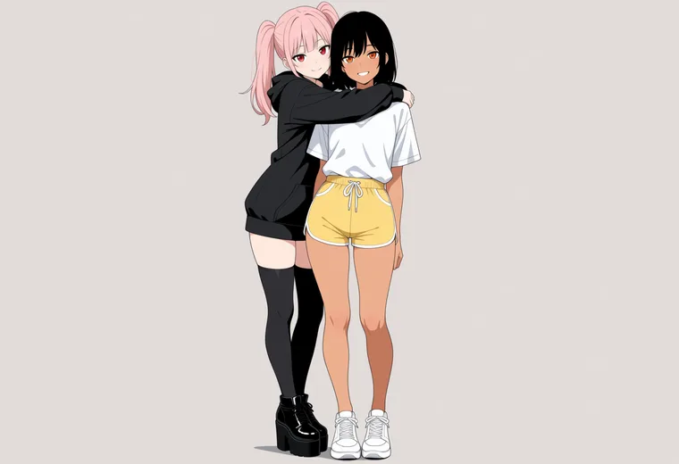 後ろから首に腕を回すの2人ポーズのAIイラスト作例