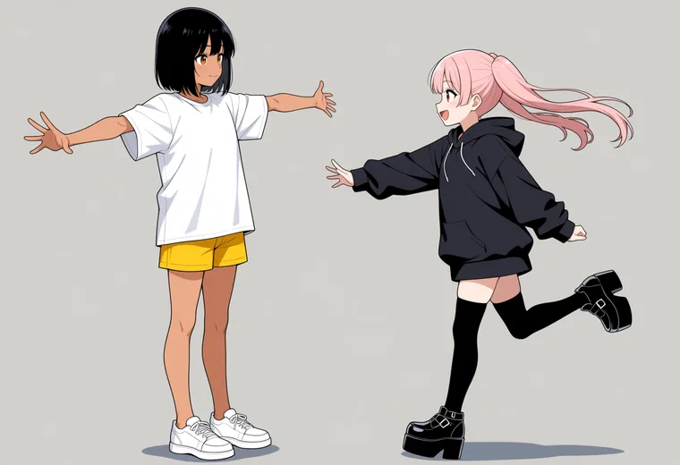 腕を広げて「おいで」と迎えるの2人ポーズのAIイラスト作例