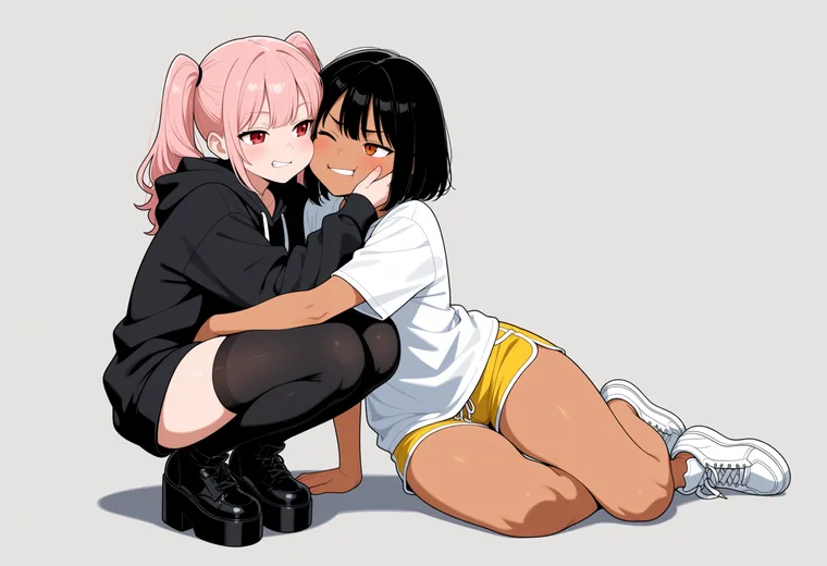ほおずりするの2人ポーズのAIイラスト作例