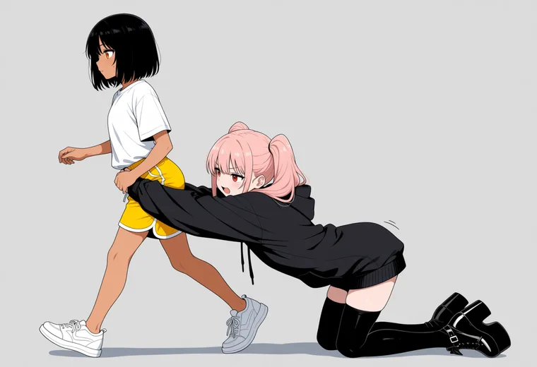 腰にしがみついて引き留めるの2人ポーズのAIイラスト作例