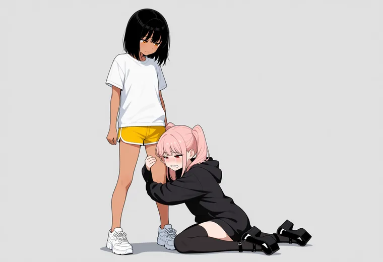 脚にしがみつくの2人ポーズのAIイラスト作例