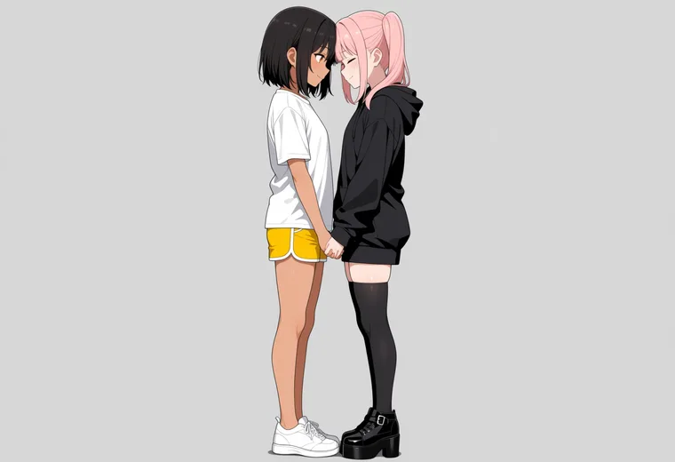 おでこを合わせるの2人ポーズのAIイラスト作例