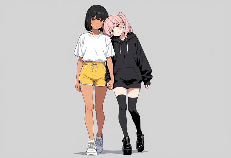 手をつないで寄り添って歩くの2人ポーズのAIイラスト作例