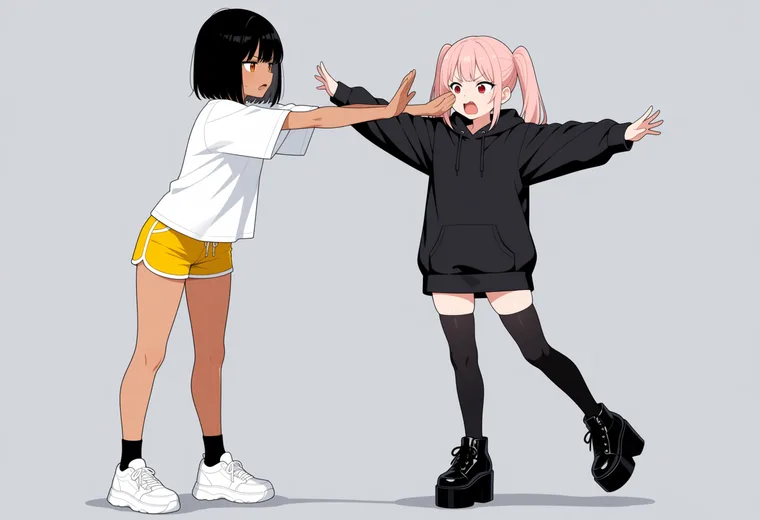 抱きつこうとして押し返されるの2人ポーズのAIイラスト作例