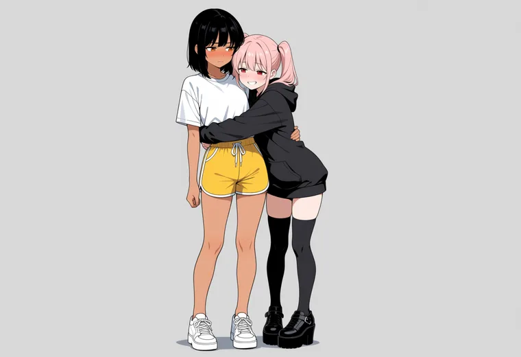 照れながら抱きしめるの2人ポーズのAIイラスト作例