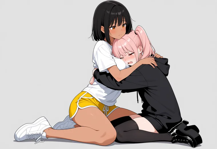 泣いている相手を抱きしめるの2人ポーズのAIイラスト作例