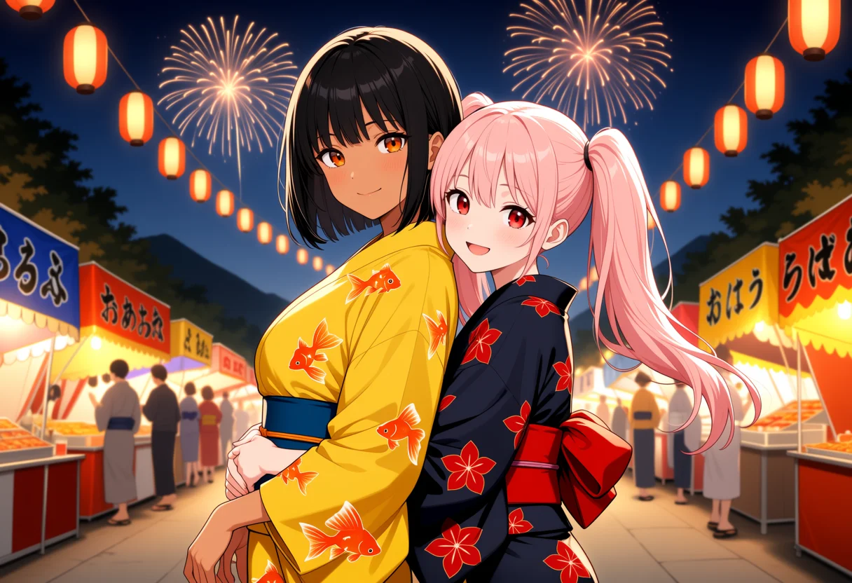 後ろから抱きつく × 夏祭りの夜の2人ポーズのAIイラスト作例