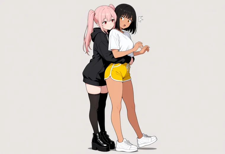後ろから抱きつくの2人ポーズのAIイラスト作例