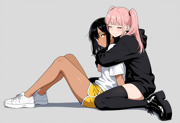 背中に抱きついて顔をうずめるの2人ポーズのAIイラスト作例
