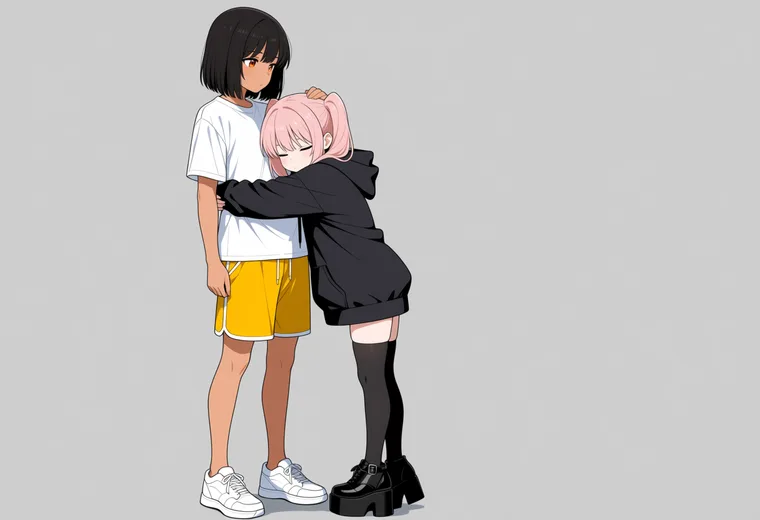 頭を肩に抱き寄せるの2人ポーズのAIイラスト作例