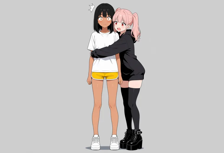 急に抱きしめられて固まるの2人ポーズのAIイラスト作例