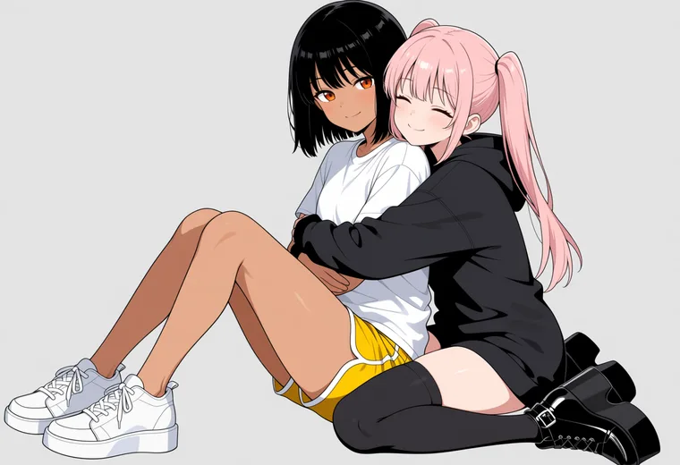 正面からぎゅっとハグの2人ポーズのAIイラスト作例