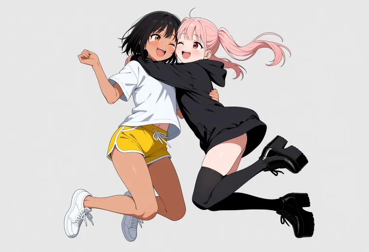 抱き合ってジャンプして喜ぶの2人ポーズのAIイラスト作例