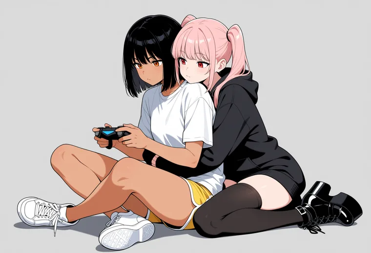 ゲーム中の相手に後ろから抱きつくの2人ポーズのAIイラスト作例