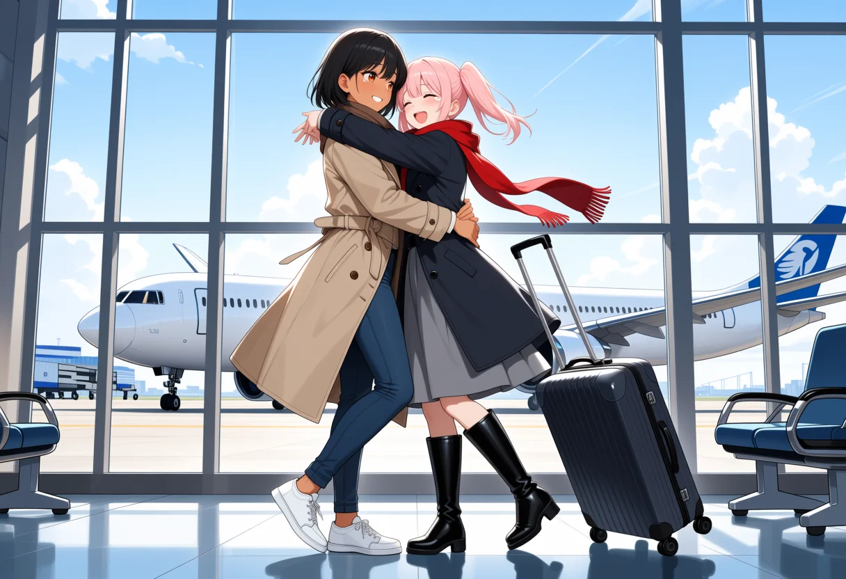 再会のハグ × 空港の到着ロビーの2人ポーズのAIイラスト作例