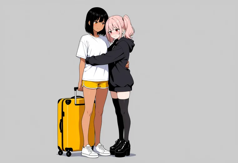 再会してスーツケースを置いて抱きしめるの2人ポーズのAIイラスト作例