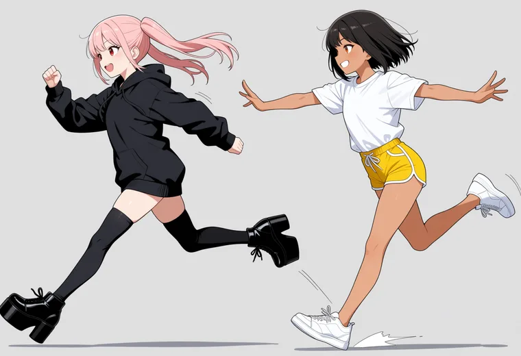 駆け寄って飛びつくの2人ポーズのAIイラスト作例