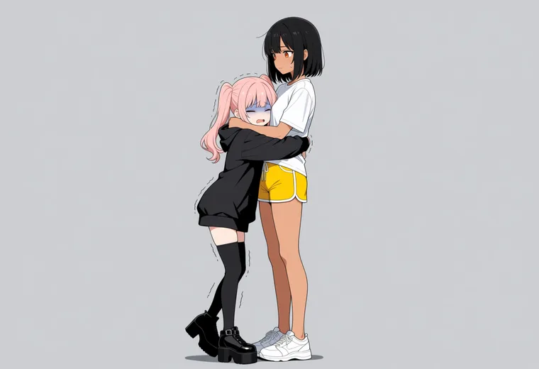 怖がって抱きつくの2人ポーズのAIイラスト作例