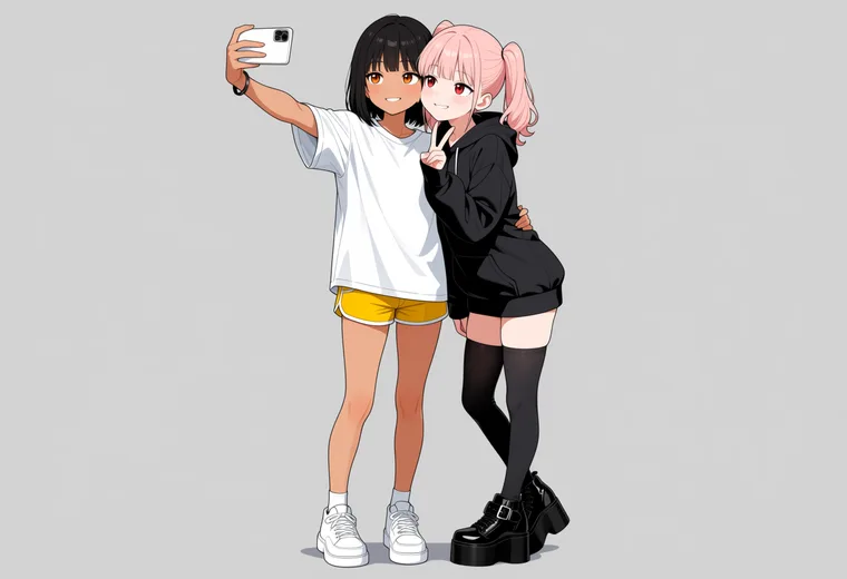 ほっぺをくっつけて自撮りの2人ポーズのAIイラスト作例