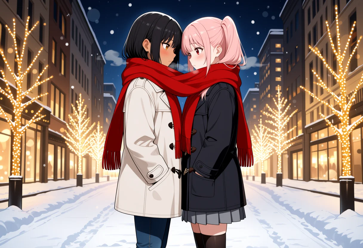 1本のマフラーを2人で巻く × 雪の夜のイルミネーションの2人ポーズのAIイラスト作例