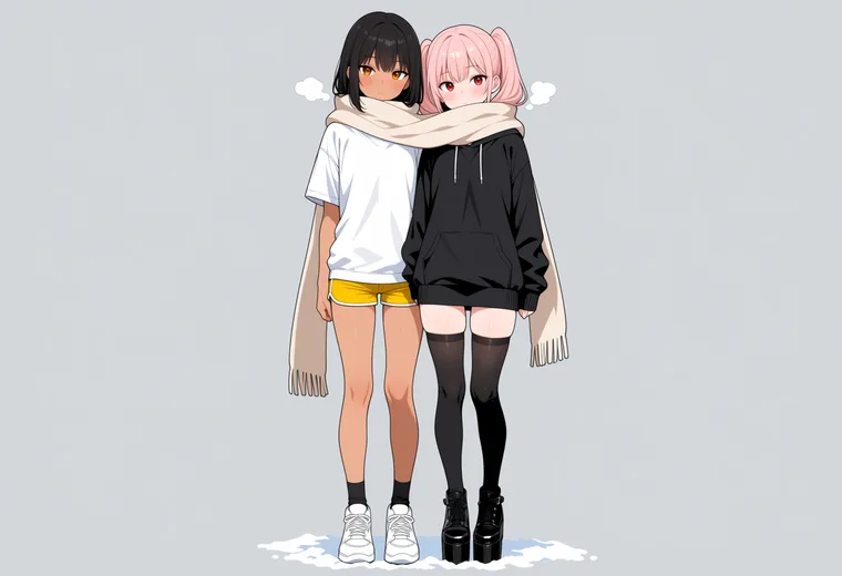 1本のマフラーを2人で巻くの2人ポーズのAIイラスト作例
