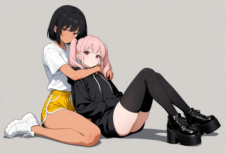 座って後ろから抱きかかえるの2人ポーズのAIイラスト作例