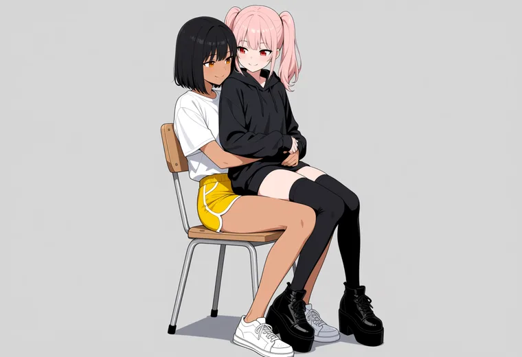 膝の上に座らせて抱きしめるの2人ポーズのAIイラスト作例
