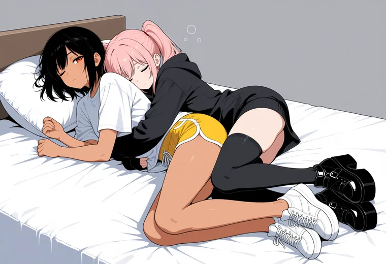 抱き枕のように抱きついて眠るの2人ポーズのAIイラスト作例