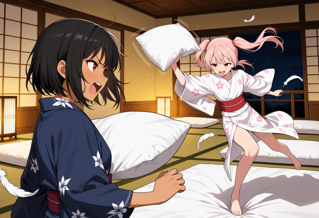 枕投げ × 旅館の夜の和室の2人ポーズのAIイラスト作例