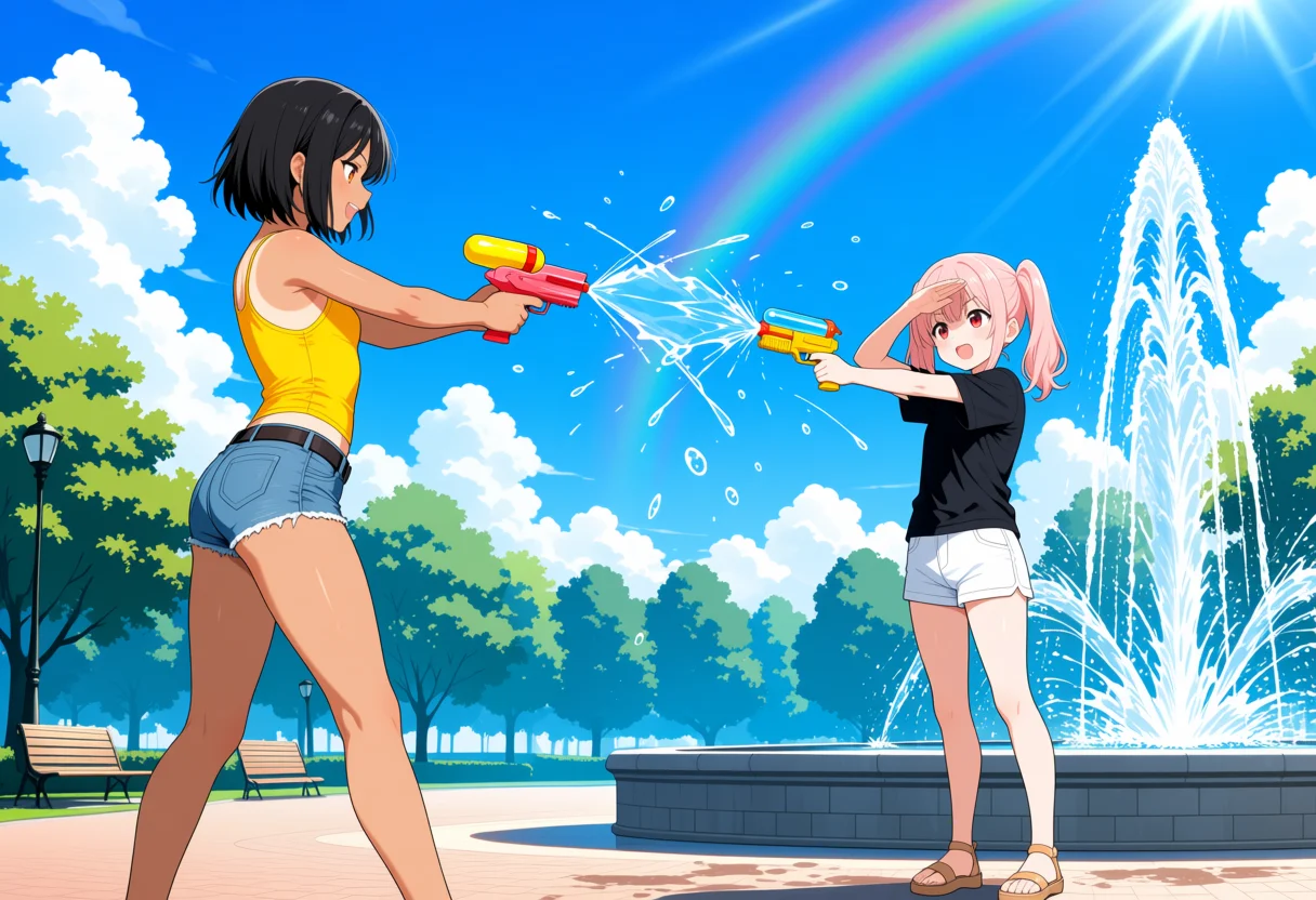水鉄砲で撃ち合う × 夏の公園の噴水の2人ポーズのAIイラスト作例