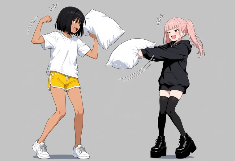 枕投げの2人ポーズのAIイラスト作例