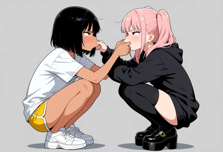 ほっぺの引っぱり合いの2人ポーズのAIイラスト作例