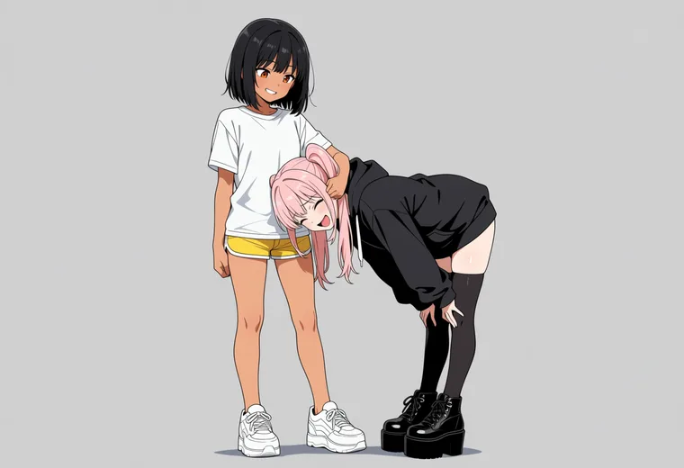 ヘッドロックをかけるの2人ポーズのAIイラスト作例