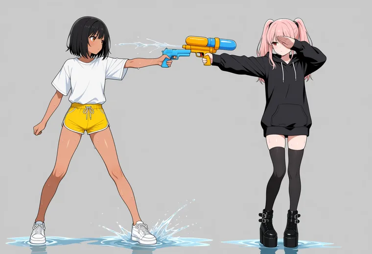 水鉄砲で撃ち合うの2人ポーズのAIイラスト作例