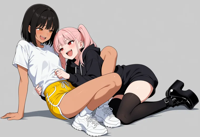 床を転がってくすぐり合うの2人ポーズのAIイラスト作例