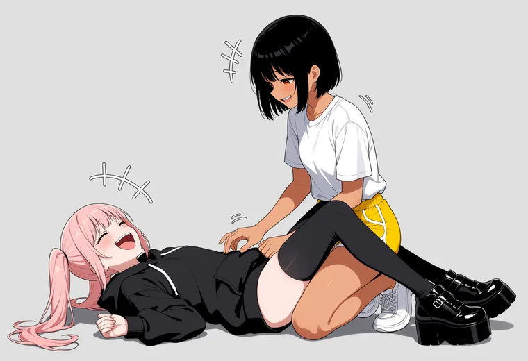 寝転んだ相手のお腹をくすぐるの2人ポーズのAIイラスト作例