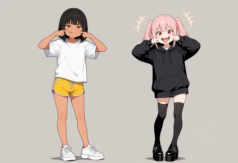 変顔で笑わせるの2人ポーズのAIイラスト作例