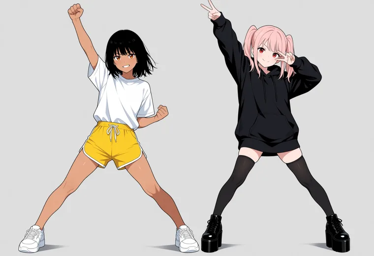 2人で決めポーズの2人ポーズのAIイラスト作例