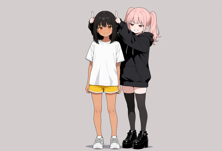 後ろで指のうさぎ耳を作るの2人ポーズのAIイラスト作例