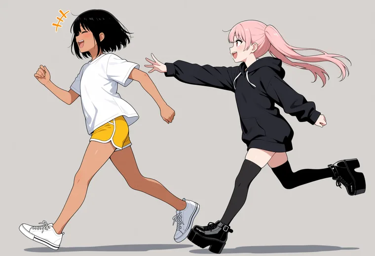 追いかけっこで捕まえるの2人ポーズのAIイラスト作例