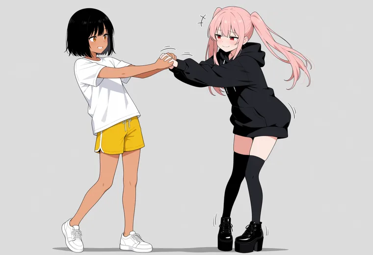 手をつかんで無理やり踊らせるの2人ポーズのAIイラスト作例